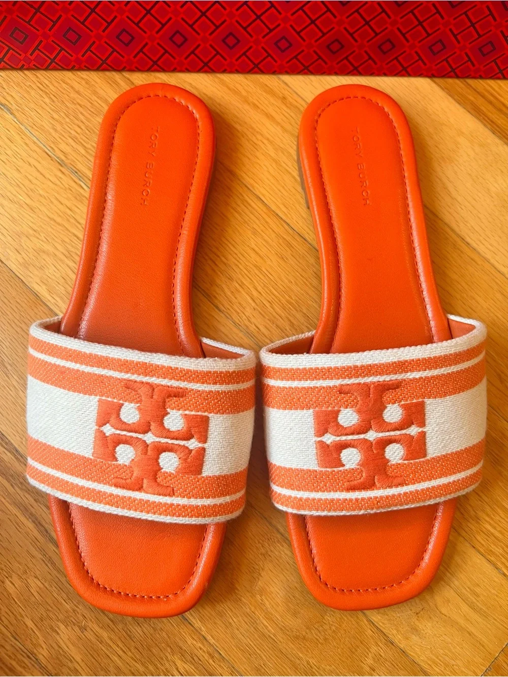Tory Burch Orange & Cream Double T Jacquard Striped Logo Slide Sandals